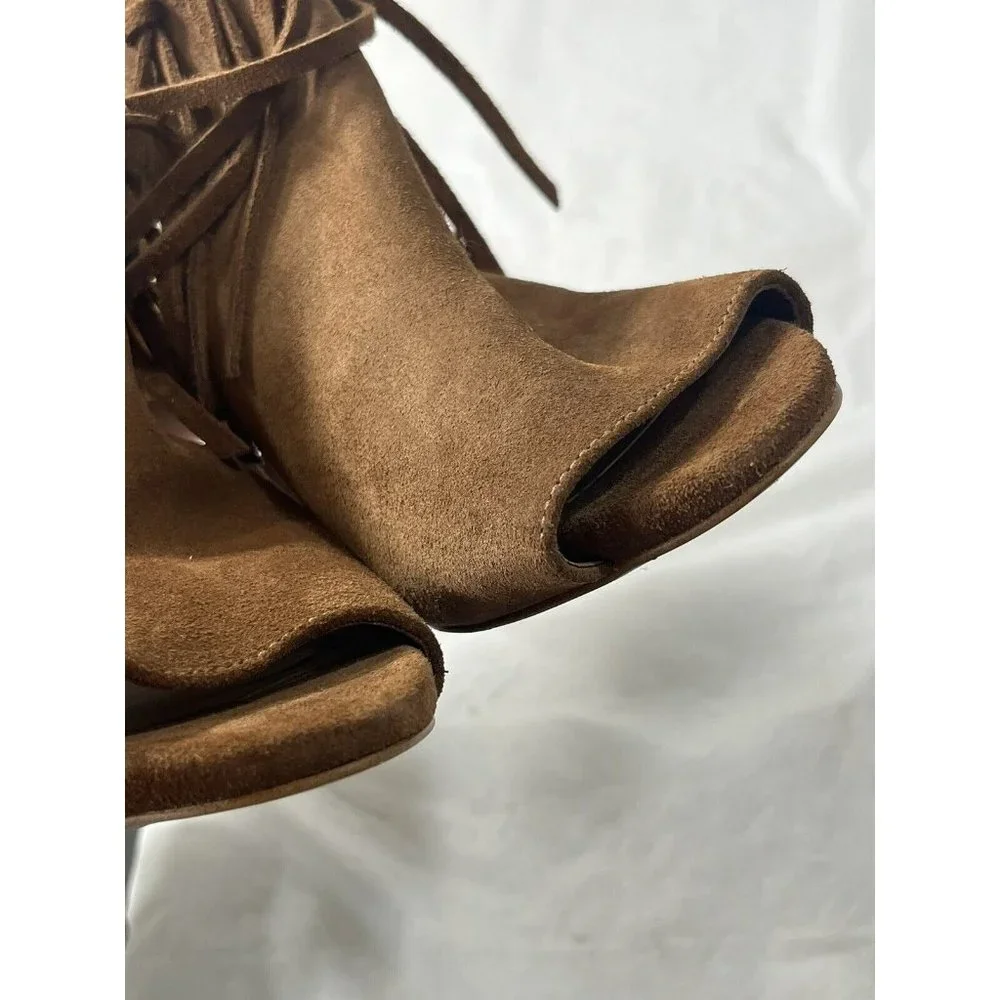Michael Kors Brown Suede Fringe Peep-Toe Slingback Heels